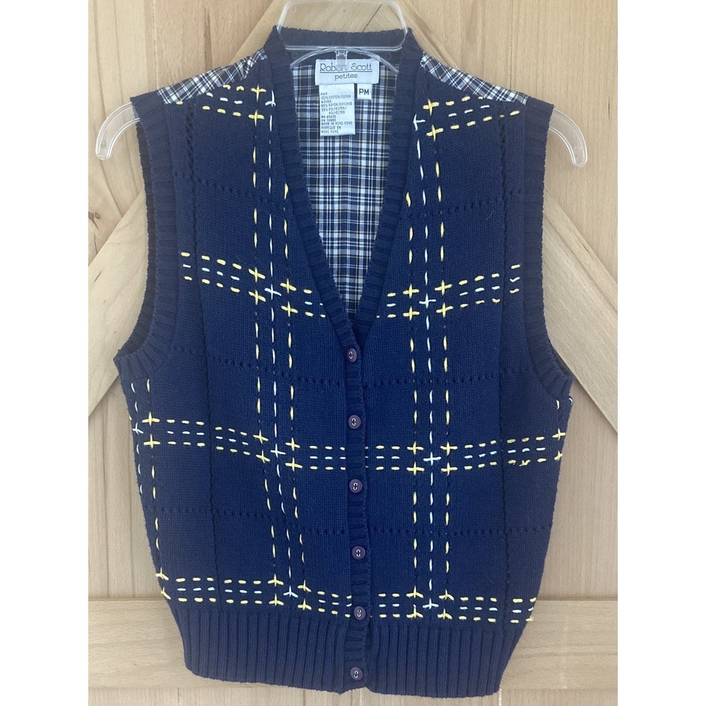Vintage Robert Scott Petite Medium Hand Knitted Sweater Vest Navy Blue